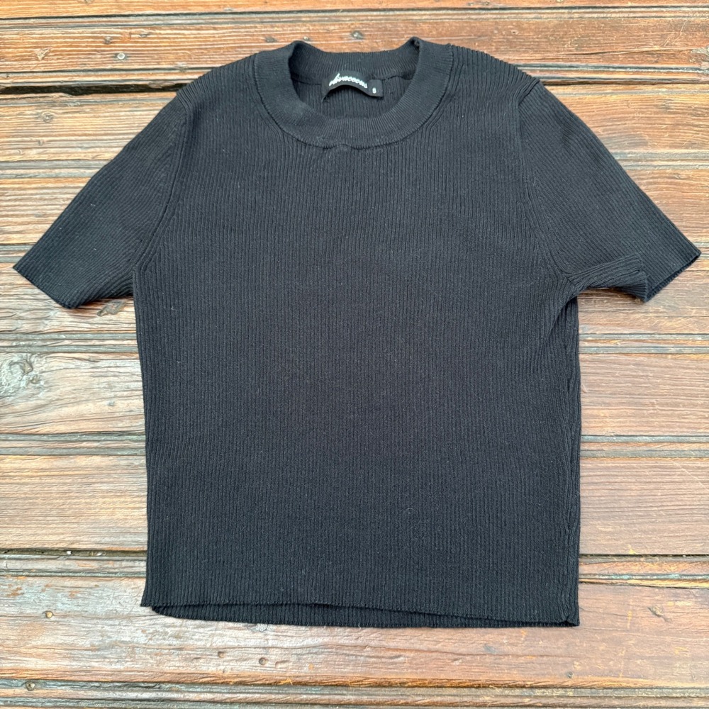 Olivaceous Black Ribbed Short Sleeve Crew Neck Knit Top Womens Small Capsule